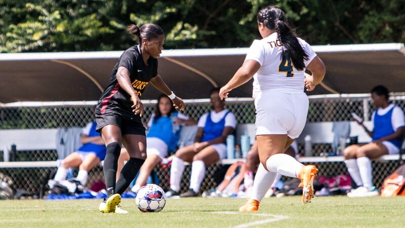 Celine Ottah (left) scored both goals in Jones College's 2-0 win Tuesday over Norfolk (Neb.)...
