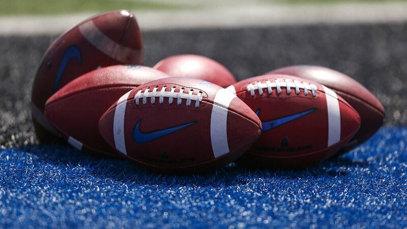 AMHERST, NY - APRIL 30: Footballs sit on the turf during the University at Buffalo Spring Game...
