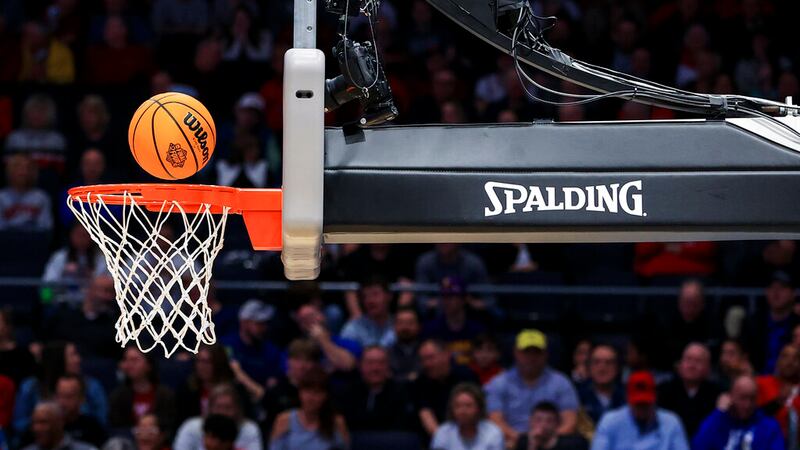 The Final Four logo is seen on the Wilson basketball during a First Four game in the NCAA...