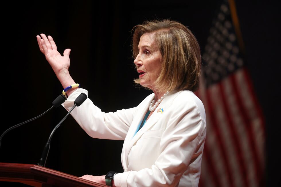 House Speaker Nancy Pelosi of Calif., speaks before Olena Zelenska, the first lady of Ukraine,...