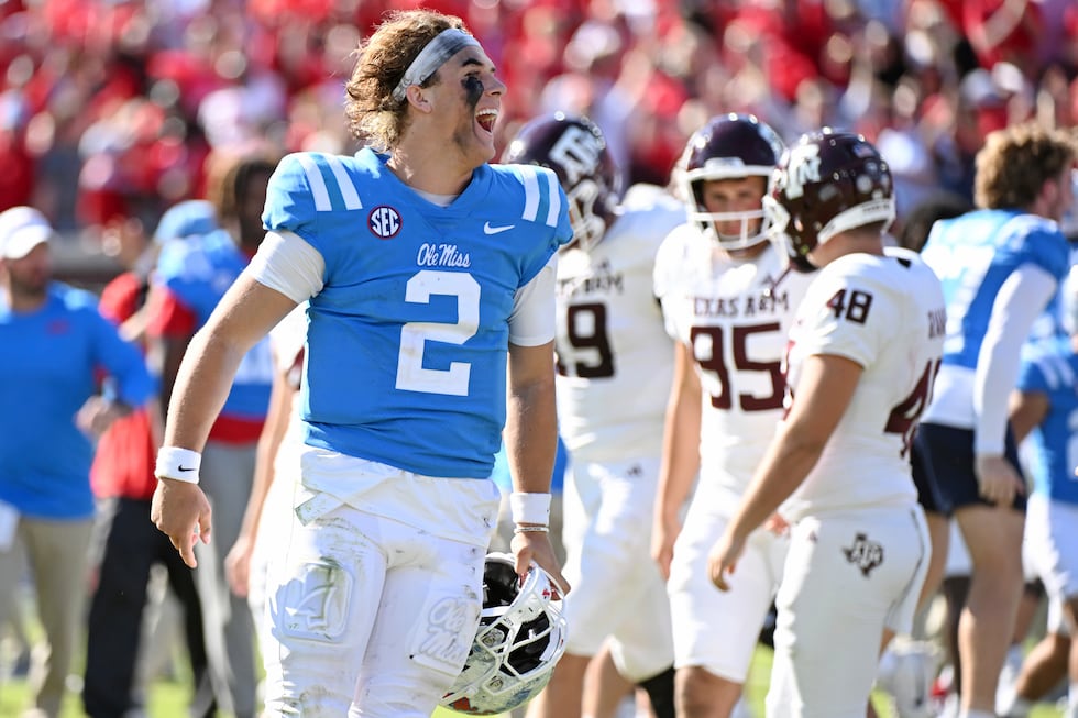 Mississippi quarterback Jaxson Dart (2) reacts after an NCAA college football game against...