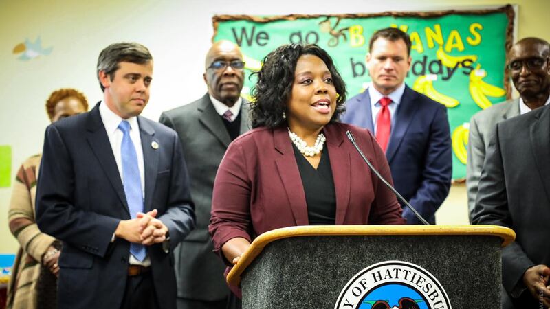 Delores McNair speaks at her reappointment to the Hattiesburg Public School District Board of...
